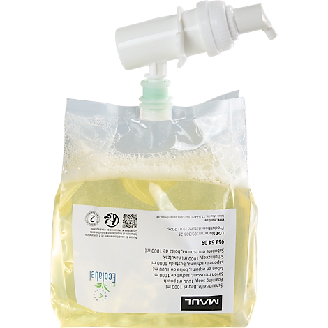 Beutel mit Seife und Spender. Der Spender ist weiß und am Seifenbeutel befestigt, dieser ist transparent mit gelber Seife gefüllt. Auf dem Etikett Text in verschiedenen Sprachen.