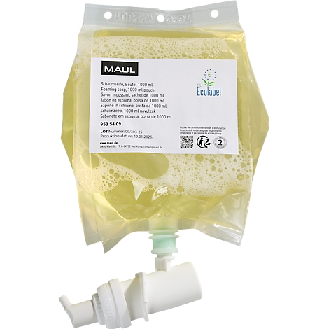 Beutel mit Schaumseife, gelbe Flüssigkeit. Ein Spender ist an den Beutel angeschlossen. Auf dem Beutel sind Logos und Informationen aufgedruckt.