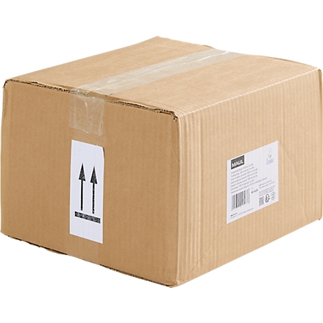 Brauner Karton mit Klebeband und Aufklebern. Auf dem Karton befinden sich Pfeile, die nach oben zeigen.