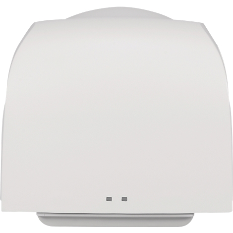 Draufsicht auf ein weißes, abgerundetes elektronisches Gerät mit zwei kleinen grauen Lichtern unten.