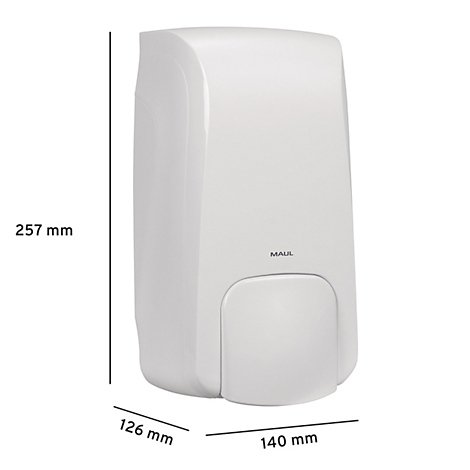 Witte zeepdispenser met afgeronde hoeken en de opdruk 'MAUL'. De afmetingen zijn gespecificeerd.