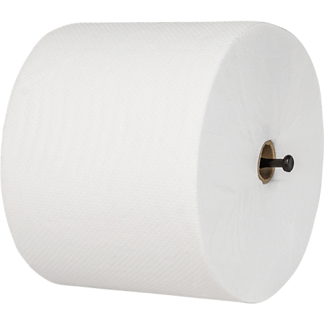 Grote rol wit papier, met een bruine kern en een zwarte knop.