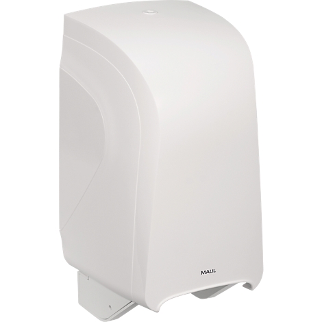Witte papieren handdoekdispenser van MAUL. Gebogen vorm, wandmontage.