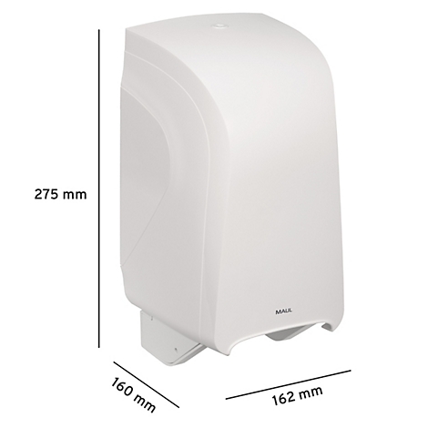 Witte papieren handdoekdispenser. Afmetingen zijn gespecificeerd: 275 mm hoog, 160 mm breed en 162 mm diep.