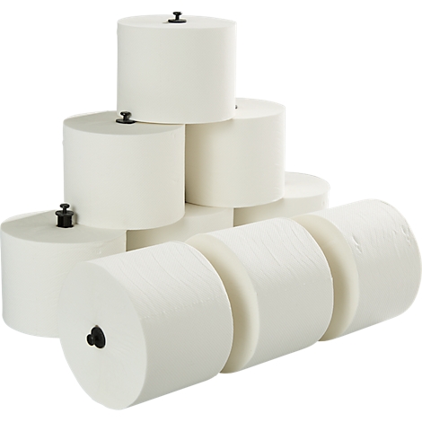 Mehrere Rollen weißes Papier, teilweise aufeinander gestapelt, mit schwarzen Verschlüssen.