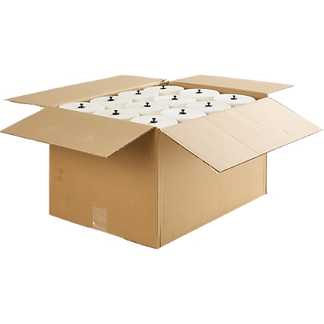 Karton mit weißen Papierrollen mit schwarzen Deckeln. Der Karton ist offen.