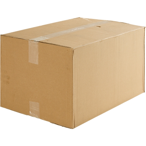 Brauner Karton, mit Klebeband verschlossen. Die Seiten sind mit senkrechten Rillen versehen.