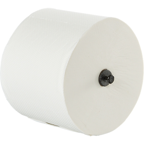 Nahaufnahme einer weißen Papierrolle mit schwarzem Befestigungsknopf.