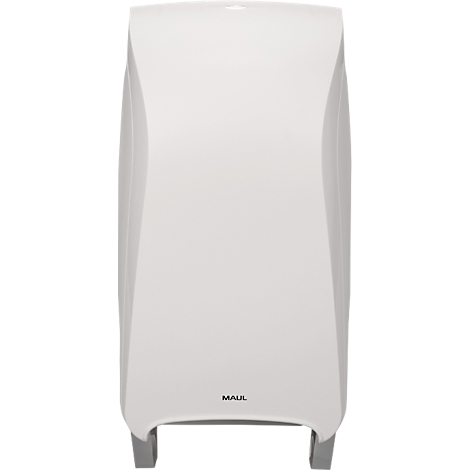 Weißer Papierhandtuchspender von MAUL. Rechteckige Form, abgerundete Ecken und graue Standfüße. Aufschrift MAUL.