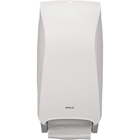 Weißer Papierhandtuchspender mit MAUL-Schriftzug. Papiertuch ragt aus einer Öffnung.