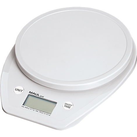 White kitchen scale with digital display and control buttons.