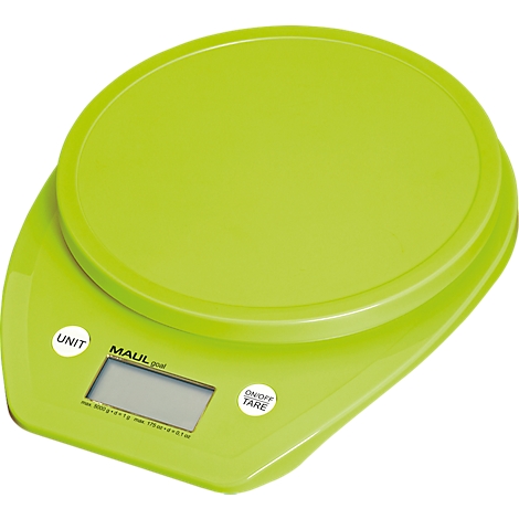 A green kitchen scale with a digital display. The scale says "MAUL"
