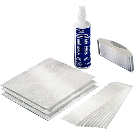 Various products for cleaning whiteboards. A bottle of cleaner, a sponge, wipes, and soft cloths.