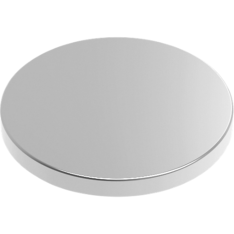 A shiny, silver-colored, round lid. The edges are rounded, with a narrow, brighter stripe.