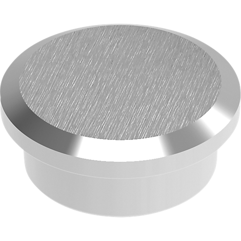 Metal button with brushed surface and white base.