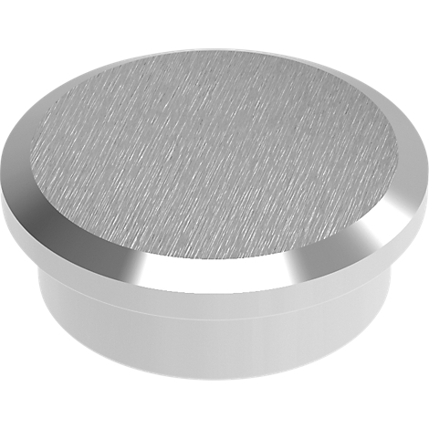 Round, silver button with brushed surface and white base.