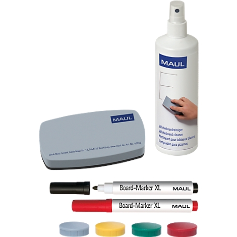 Whiteboard accessories: sponge, cleaner, markers and magnets.