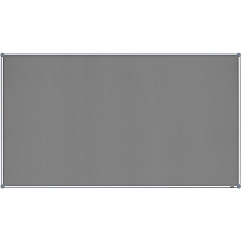 Grey pin board with a silver frame. Rectangular, horizontal. It's attached at the corners.