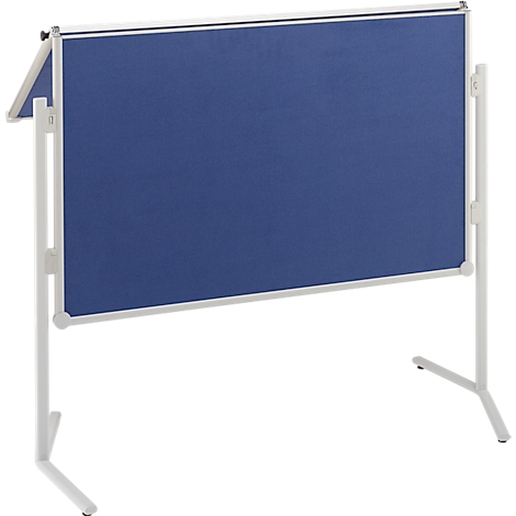 Blue freestanding whiteboard on white frame, angled top.