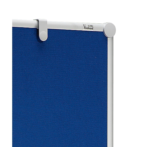 Close-up of a blue pinboard with a white frame. A hanger and the Visaboard lettering are visible.