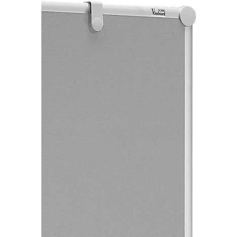 Close-up of a grey fabric wall, fitted with a white frame and hanging fixtures. Text 'VisiBoard' is visible.