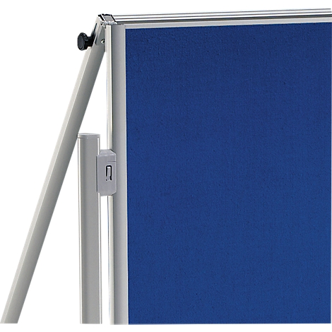 Close-up of a pinboard. Metal frame, blue surface, silver supports.