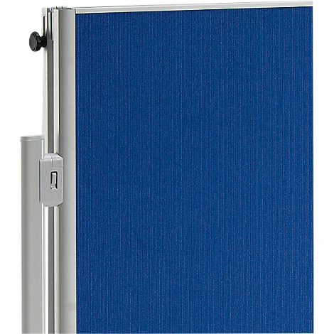 Close-up of a blue fabric surface with vertical ribs. On the side: silver supports and black knob.