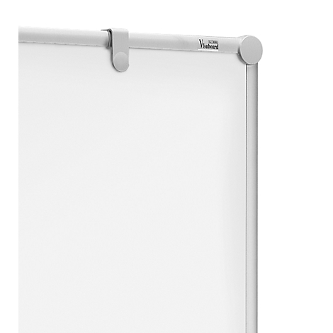 Close-up of a white board with bracket and logo.