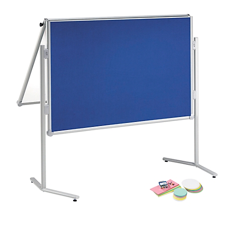 Large blue pinboard whiteboard on a white stand, accessories.