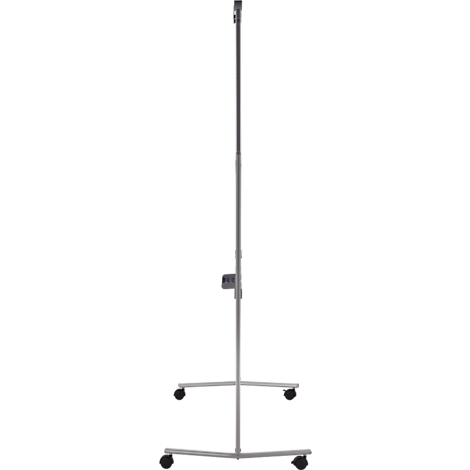 Gray presentation stand with wheels. Three legs on the ground, a pole in the middle, adjustable.