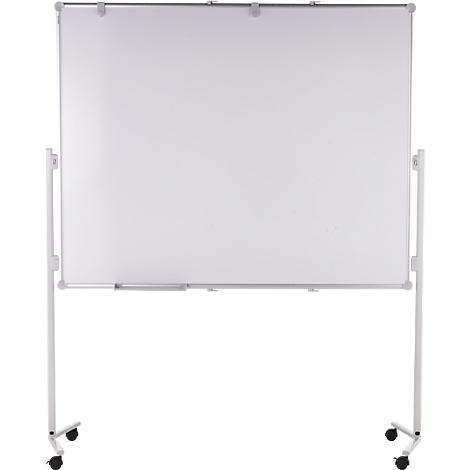 Whiteboard on wheels. Metal frame, pen holder, white background.