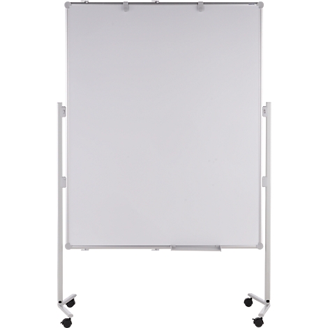 White, freestanding whiteboard on wheels, with a metallic frame.