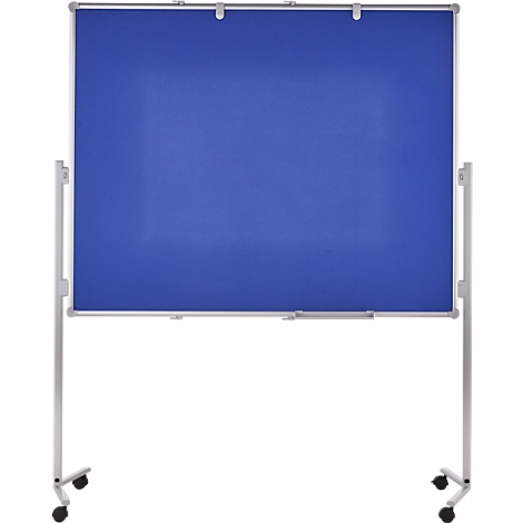 Blue, rollable whiteboard with silver frame. Standing on wheels.