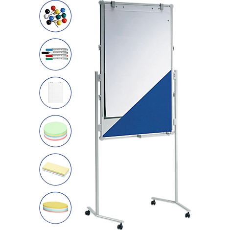 White, mobile whiteboard with blue wedge and accessories. In the background, various items are shown: pens, magnets, paper, sponge and memo.