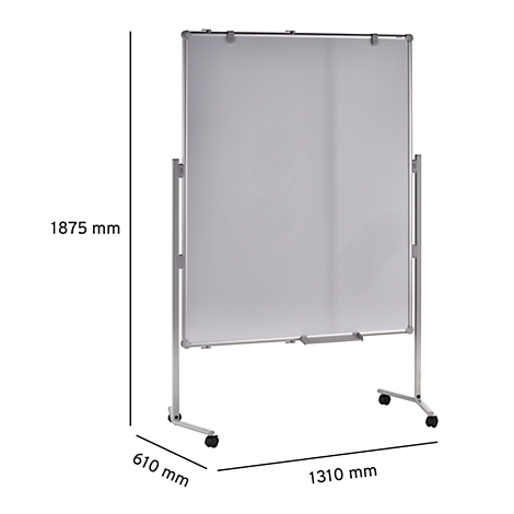 White freestanding whiteboard with silver frame and castors. Dimensions: 1875x1310x610mm.