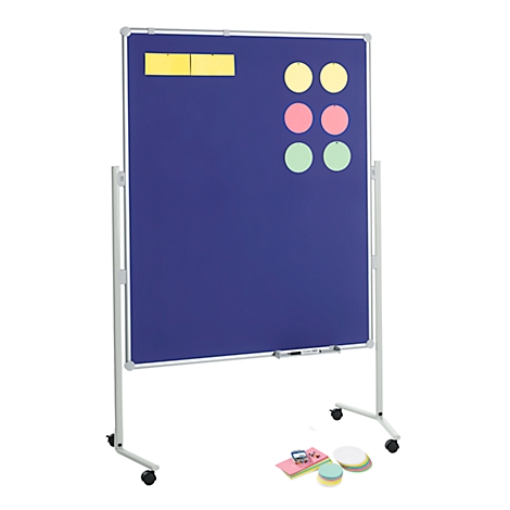 Blue, rolling whiteboard. Yellow, pink and green circles and yellow blocks are attached. Accessories are underneath.