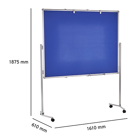 Blue, freestanding whiteboard with silver frame and wheels. Dimensions are indicated in the image: 1875 mm high, 1610 mm wide, and 610 mm deep.