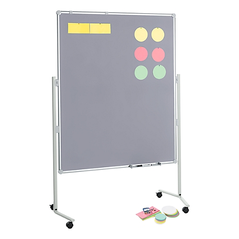 Grey magnetic board on wheels with sticky notes in yellow, red and green.