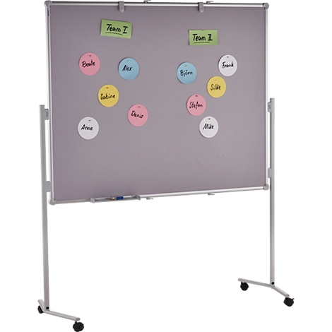 Gray mobile pinboard with team names and names on round labels. 'Team I' is at the top.