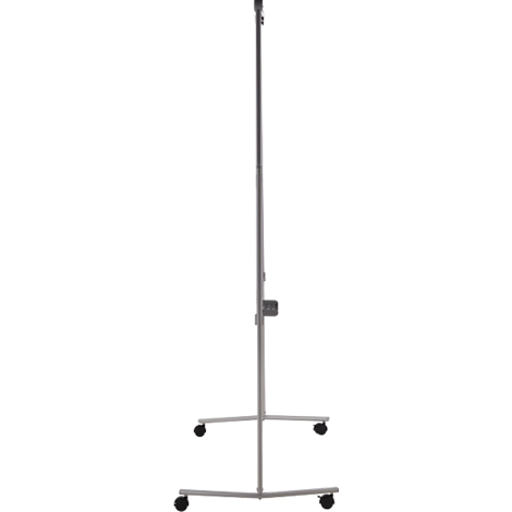 Metal presentation stand with wheels. Gray frame, dark gray wheels.