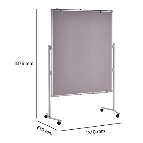 Grey, freestanding whiteboard on wheels. Dimensions: 1875x1310x610 mm.