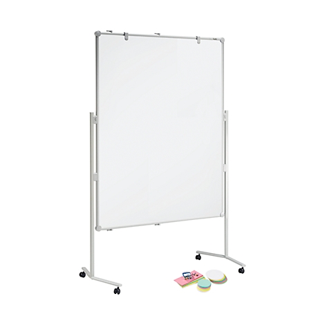 White mobile whiteboard with pen holders and rollers. Beside it are notes, pads, and pens.