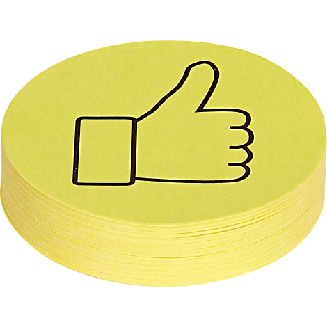 Yellow, round sticky notes, stack with a thumbs-up symbol.