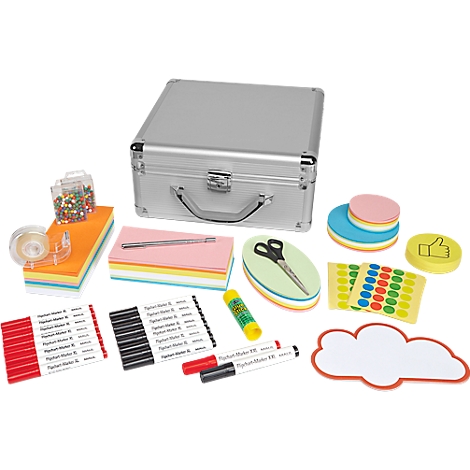 Gray aluminum case with office supplies: sticky notes, pens, scissors, glue, paper clips, tape, and markers.