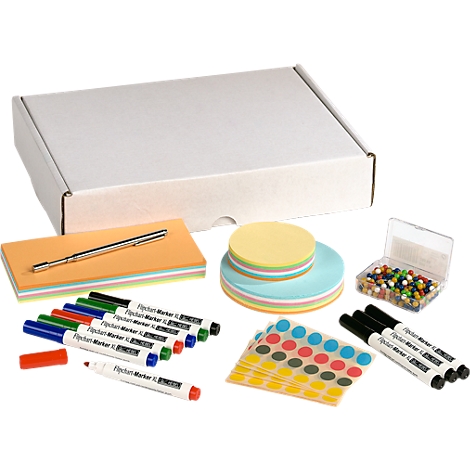 A set of office supplies including pens, sticky notes, paper clips, and a box. The background is white.
