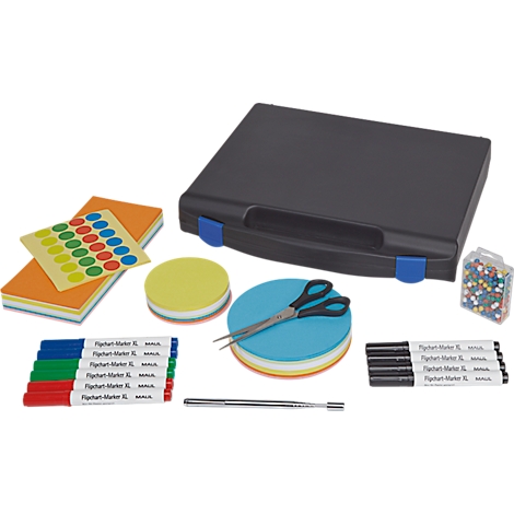 Black case with art supplies, scissors, markers, sticky notes and paper clips.