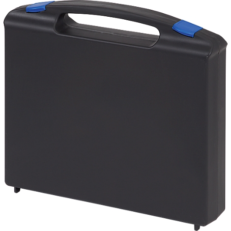 Black suitcase with blue handle and blue accents.