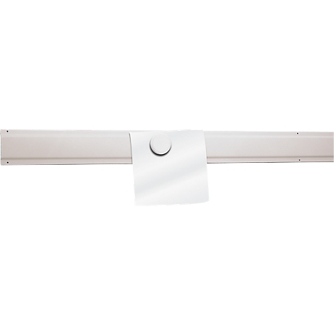 A white magnetic strip with an attached white sheet of paper and a round magnet.