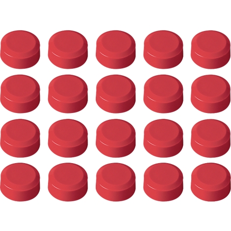 20 red cylindrical buttons on a white background.