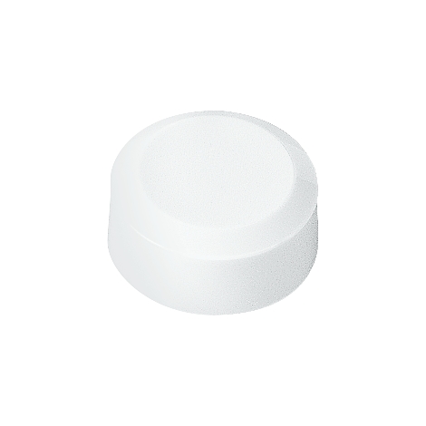 White, round object with slightly rounded edges, resembling a pill or a small container.